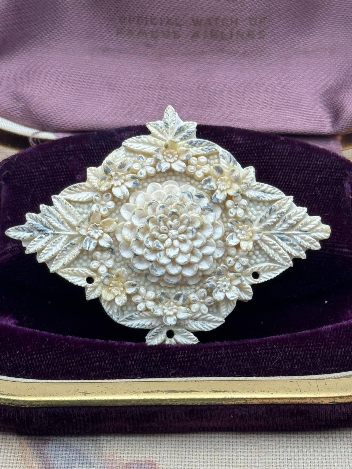 Vintage Brooch Early Plastics Floral Carved Chrysanthemum Flower Pin 2.5”