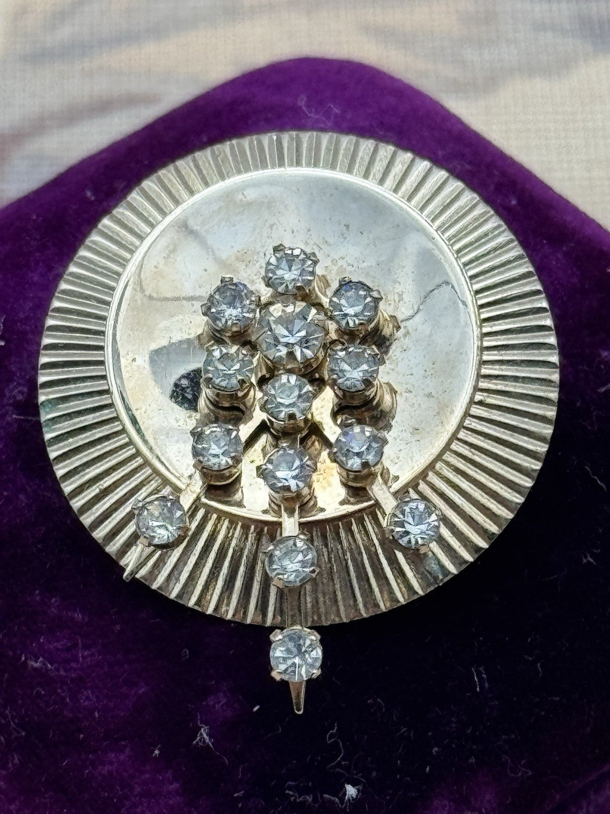 Vintage Mid Century Brooch Rhinestone Sunburst Modernist Gold Tone Pin 1950s