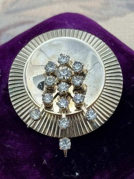 Vintage Mid Century Brooch Rhinestone Sunburst Modernist Gold Tone Pin 1950s