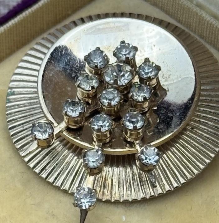 Vintage Mid Century Brooch Rhinestone Sunburst Modernist Gold Tone Pin 1950s