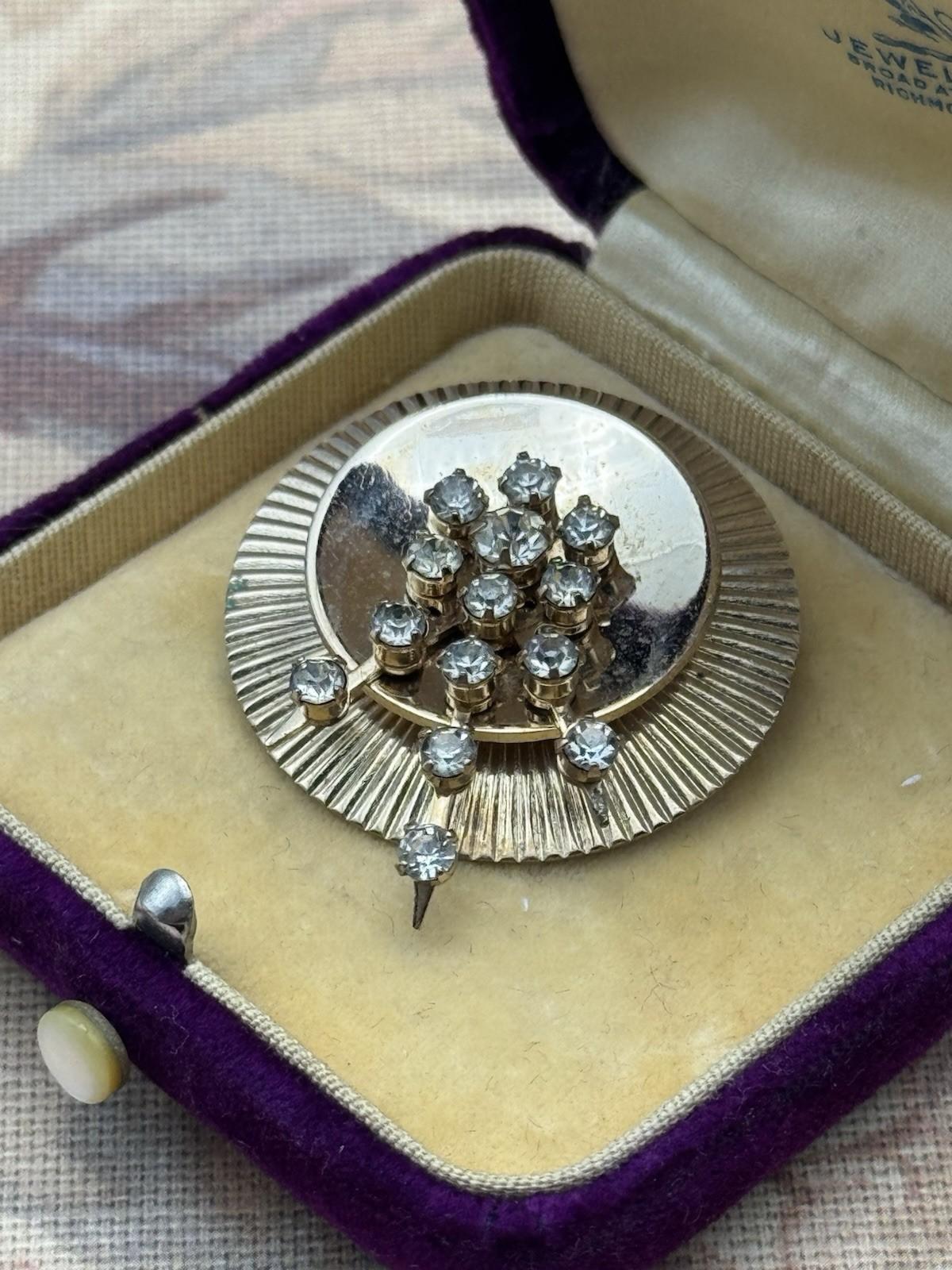 Vintage Mid Century Brooch Rhinestone Sunburst Modernist Gold Tone Pin 1950s