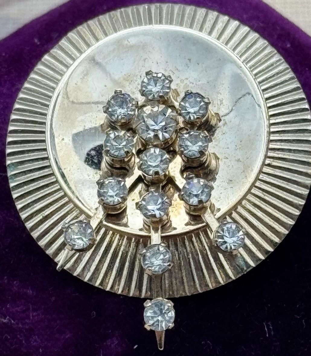 Vintage Mid Century Brooch Rhinestone Sunburst Modernist Gold Tone Pin 1950s