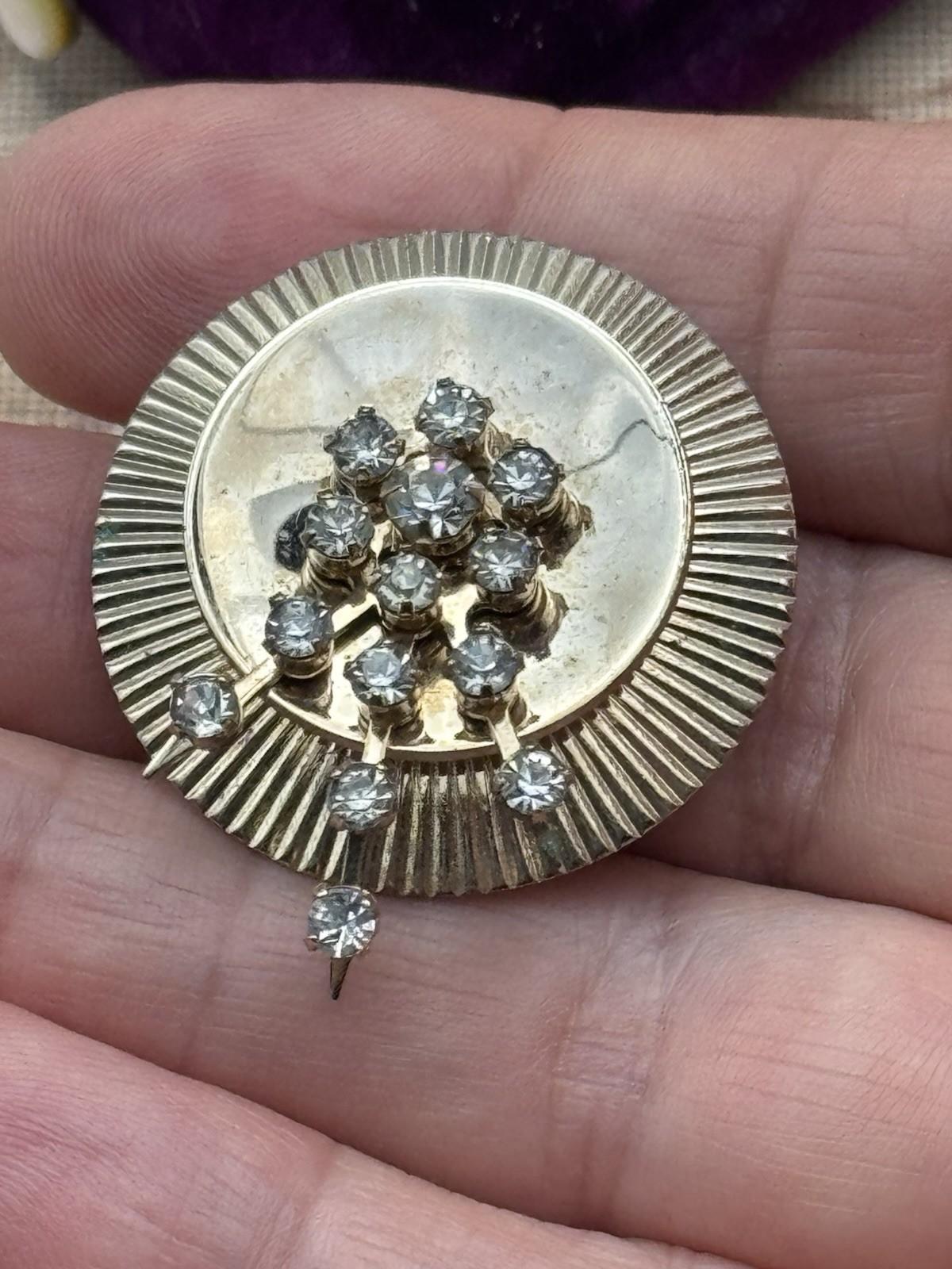 Vintage Mid Century Brooch Rhinestone Sunburst Modernist Gold Tone Pin 1950s
