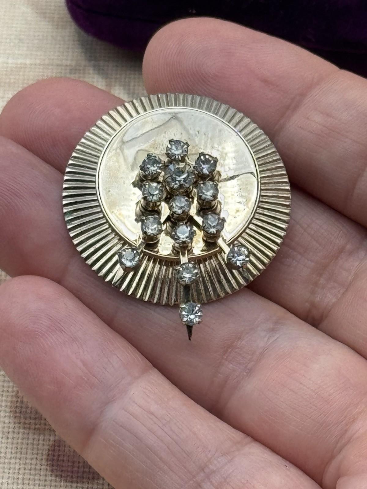 Vintage Mid Century Brooch Rhinestone Sunburst Modernist Gold Tone Pin 1950s