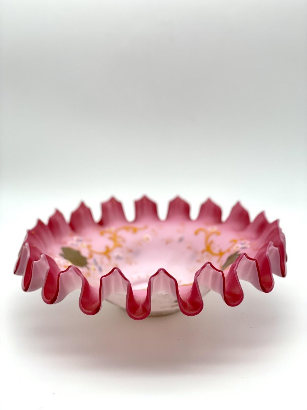 Antique Victorian Compote Satin Glass Ruffled Edge Silverplate Stand, 11” POOL