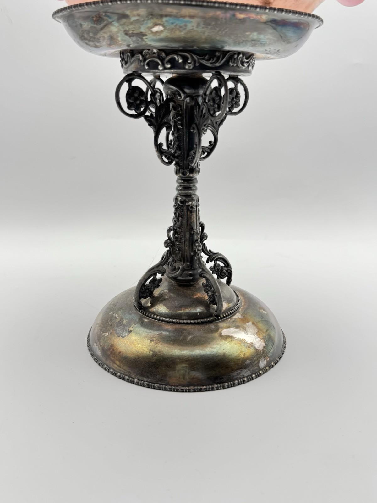 Antique Victorian Compote Satin Glass Ruffled Edge Silverplate Stand, 11” POOL