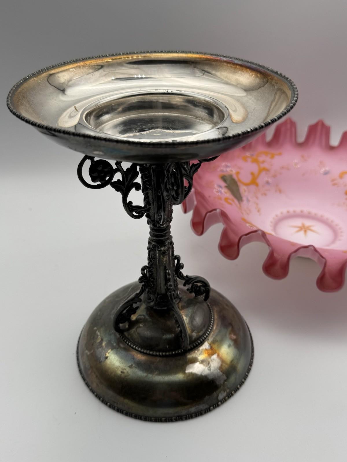 Antique Victorian Compote Satin Glass Ruffled Edge Silverplate Stand, 11” POOL