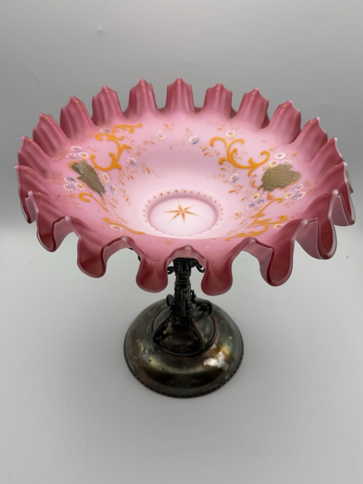 Antique Victorian Compote Satin Glass Ruffled Edge Silverplate Stand, 11” POOL