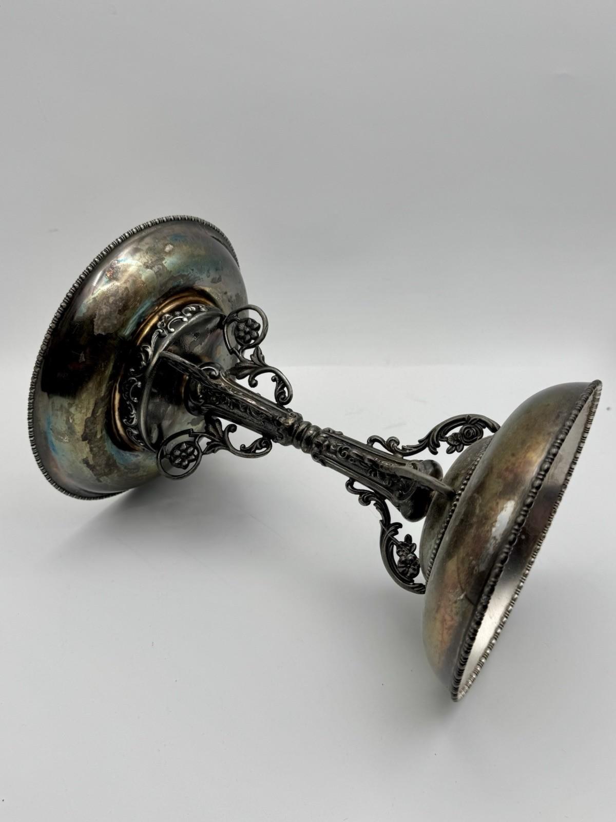 Antique Victorian Compote Satin Glass Ruffled Edge Silverplate Stand, 11” POOL