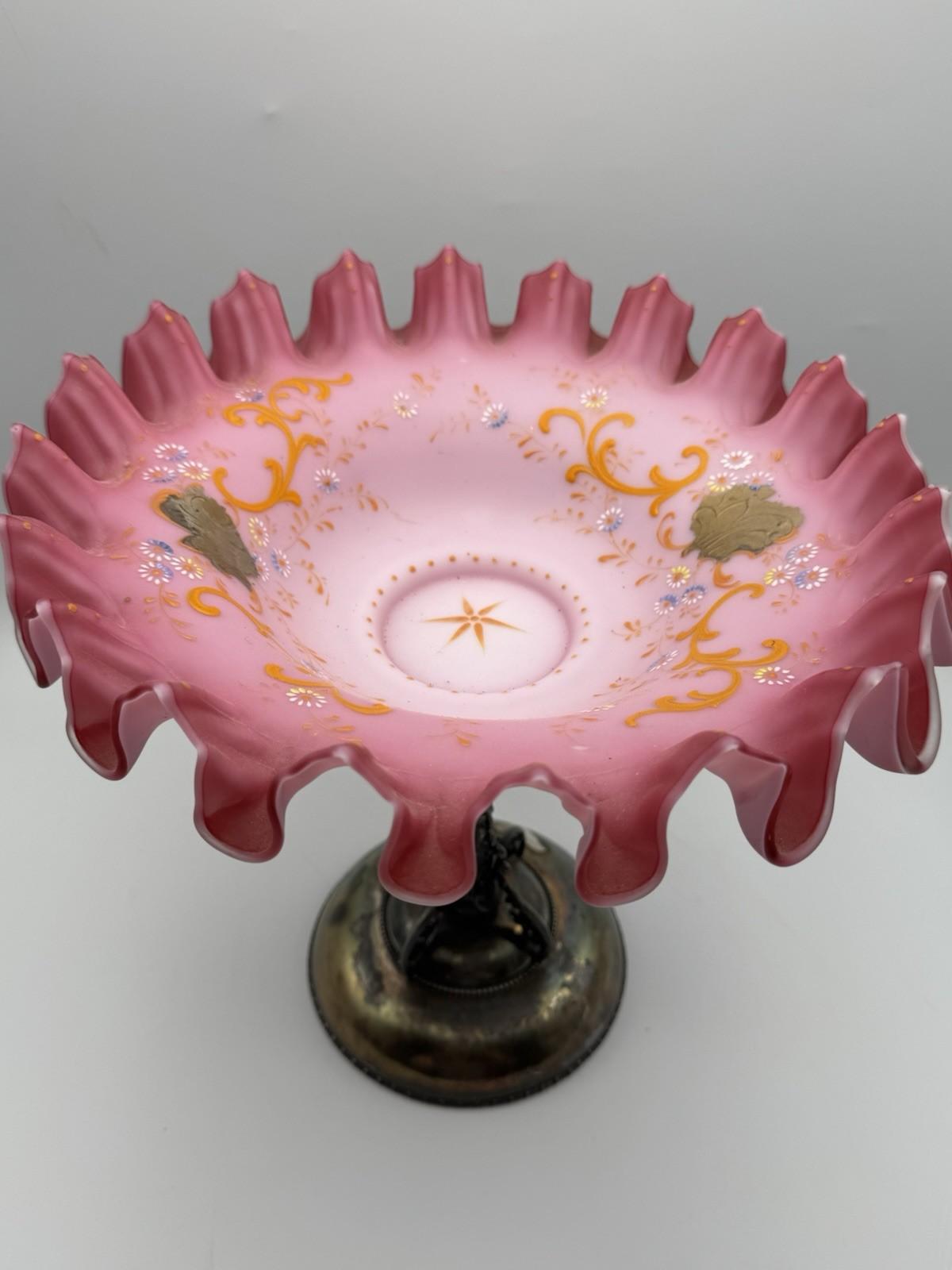 Antique Victorian Compote Satin Glass Ruffled Edge Silverplate Stand, 11” POOL