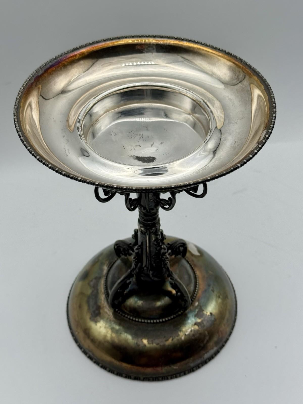 Antique Victorian Compote Satin Glass Ruffled Edge Silverplate Stand, 11” POOL