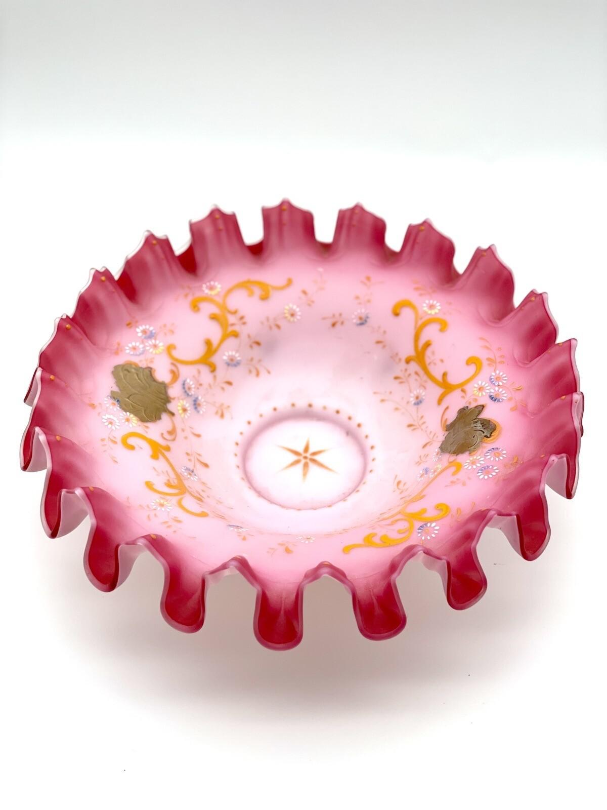 Antique Victorian Compote Satin Glass Ruffled Edge Silverplate Stand, 11” POOL