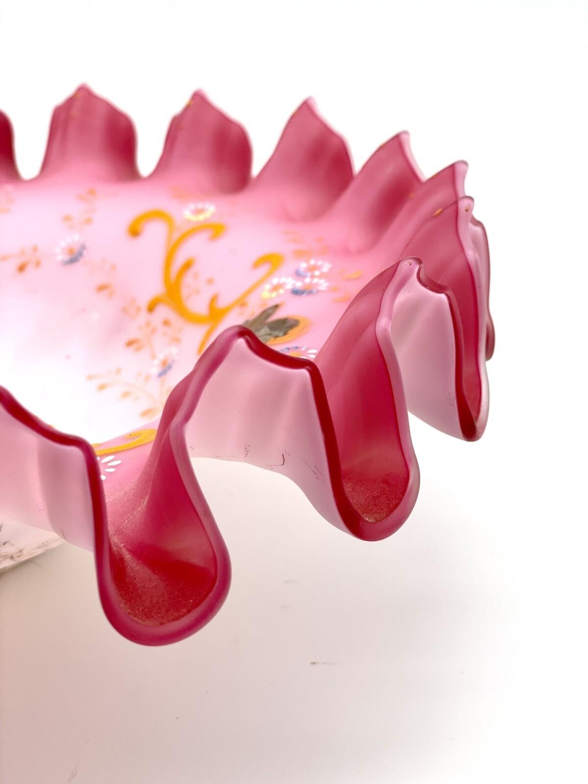 Antique Victorian Compote Satin Glass Ruffled Edge Silverplate Stand, 11” POOL