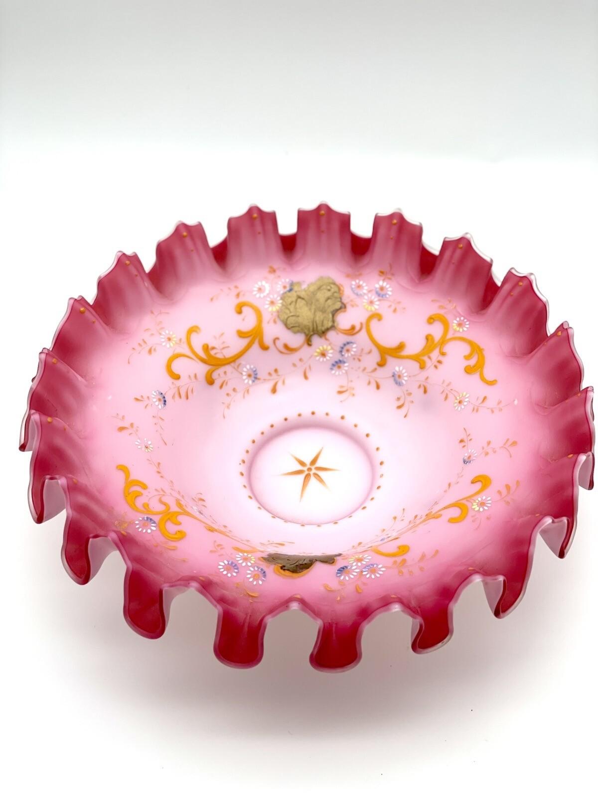 Antique Victorian Compote Satin Glass Ruffled Edge Silverplate Stand, 11” POOL