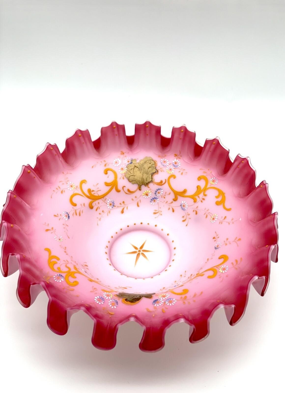 Antique Victorian Compote Satin Glass Ruffled Edge Silverplate Stand, 11” POOL