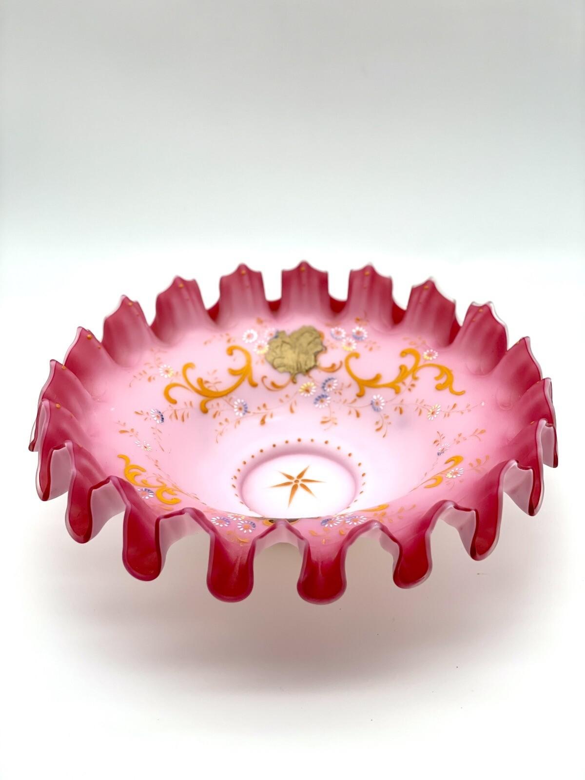 Antique Victorian Compote Satin Glass Ruffled Edge Silverplate Stand, 11” POOL