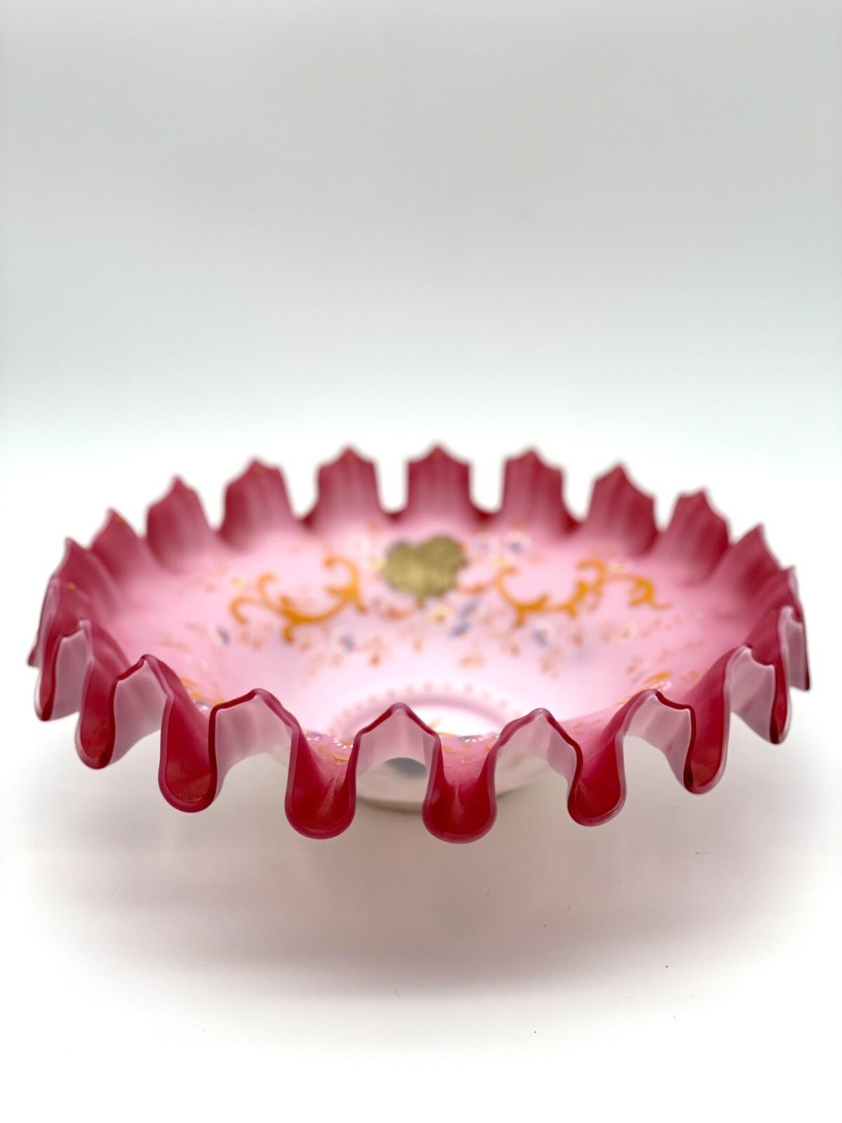 Antique Victorian Compote Satin Glass Ruffled Edge Silverplate Stand, 11” POOL