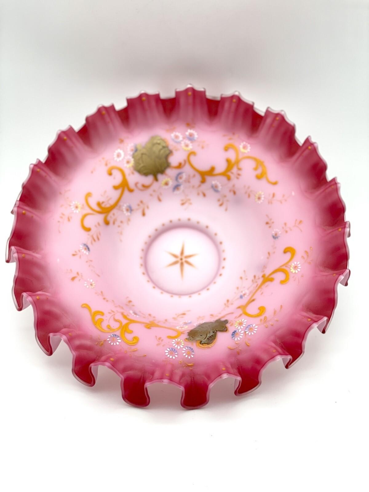 Antique Victorian Compote Satin Glass Ruffled Edge Silverplate Stand, 11” POOL