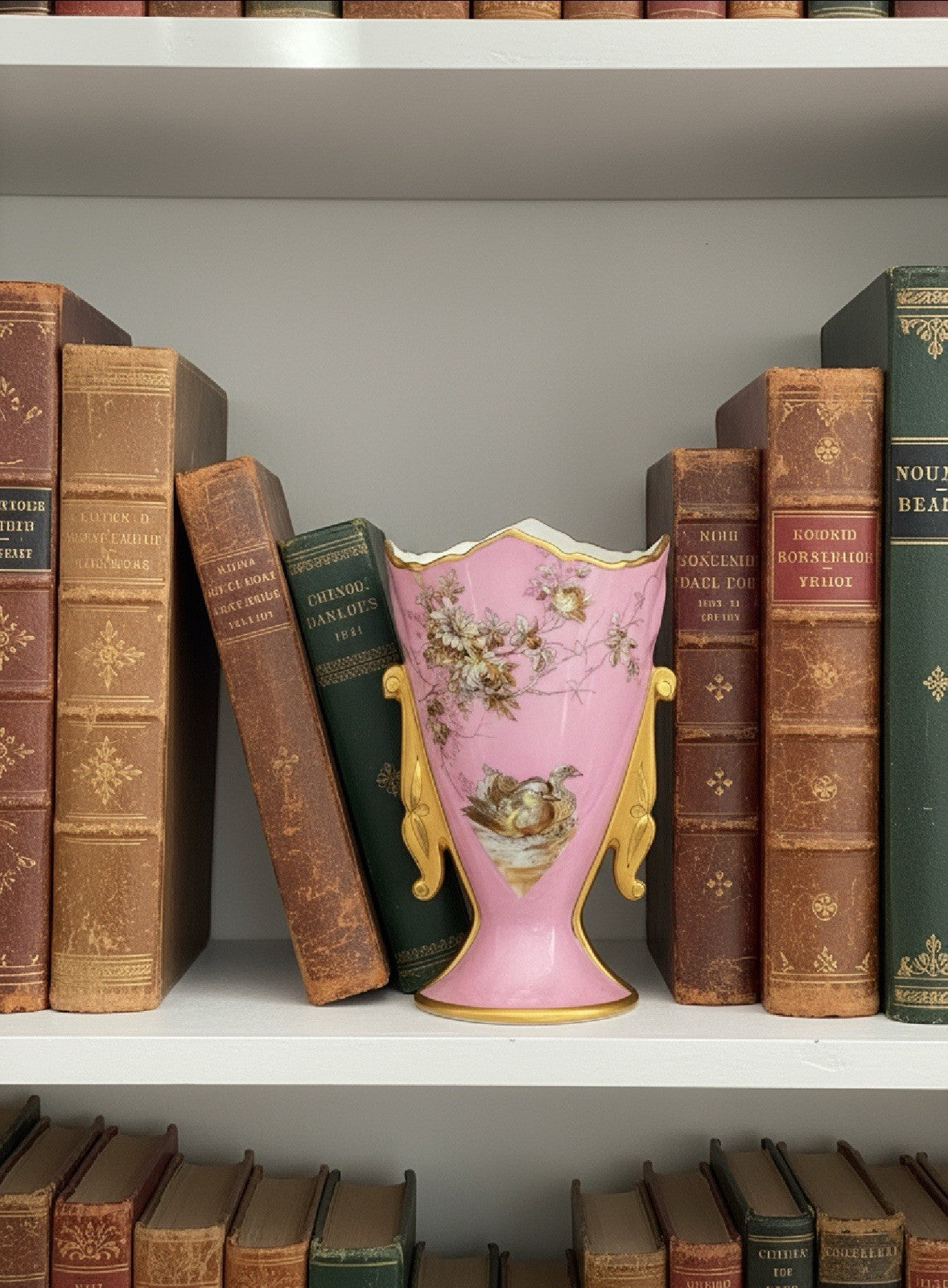 Antique Porcelain Vase Pink Birds Gold Accents 6” x 4” x  3.5”