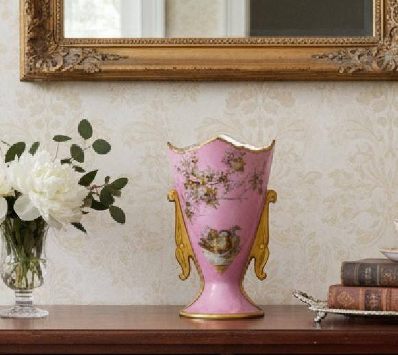 Antique Porcelain Vase Pink Birds Gold Accents 6” x 4” x  3.5”