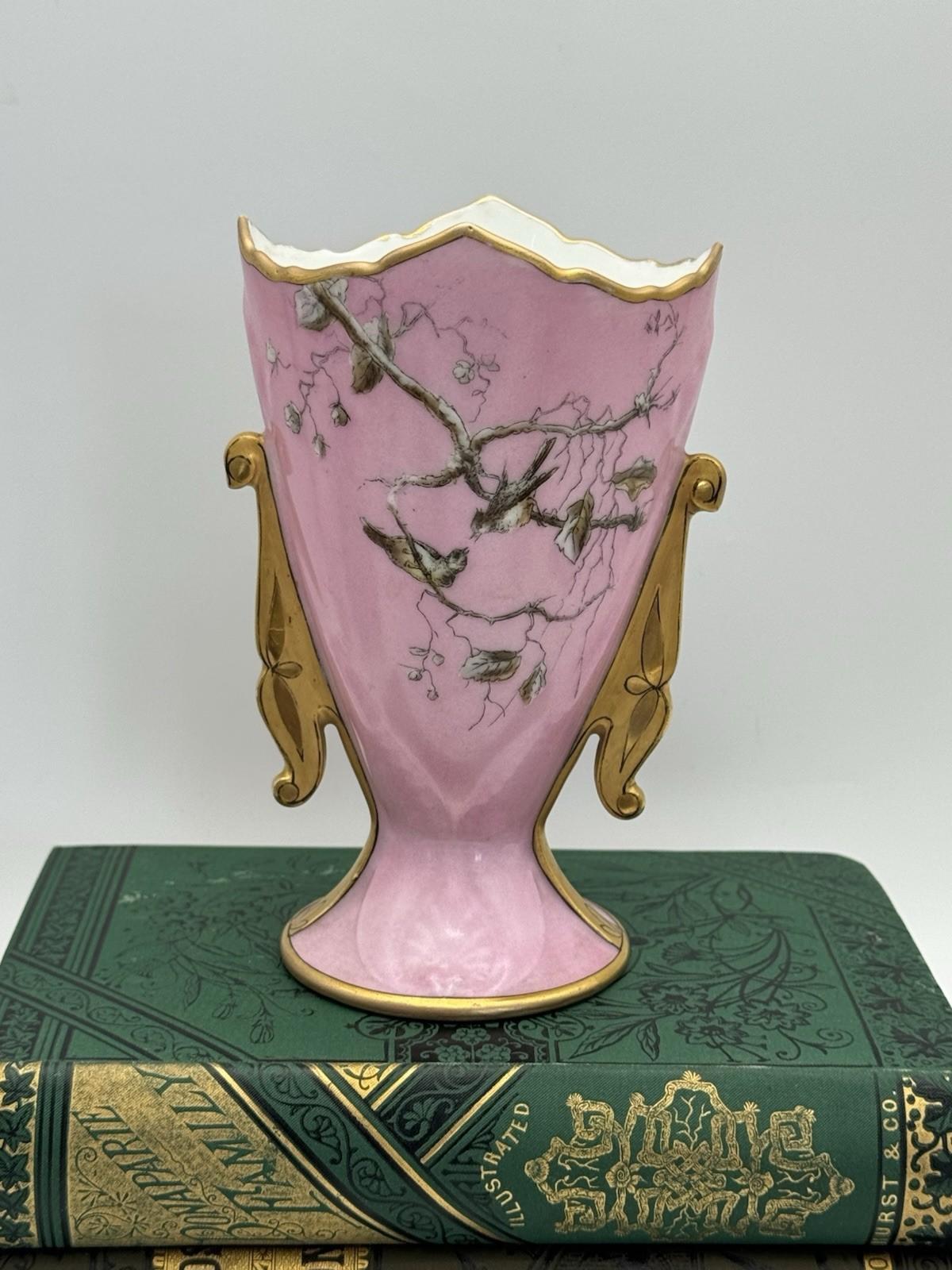 Antique Porcelain Vase Pink Birds Gold Accents 6” x 4” x  3.5”