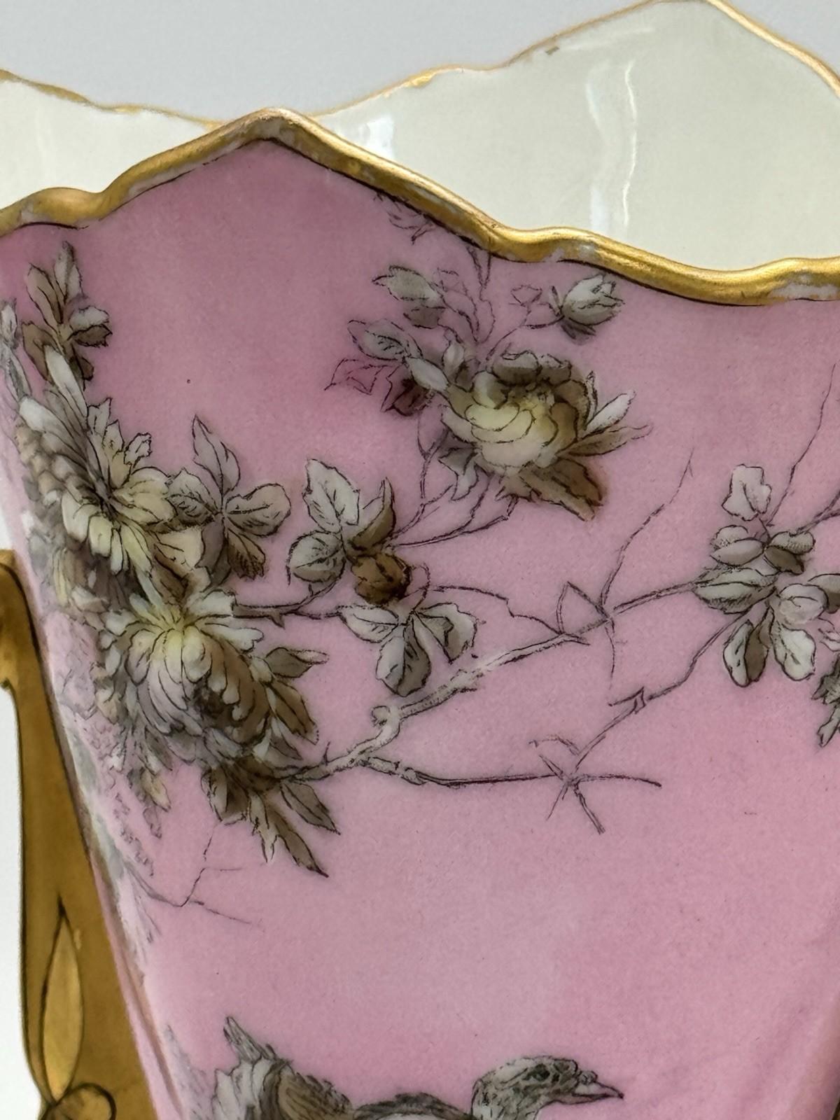 Antique Porcelain Vase Pink Birds Gold Accents 6” x 4” x  3.5”