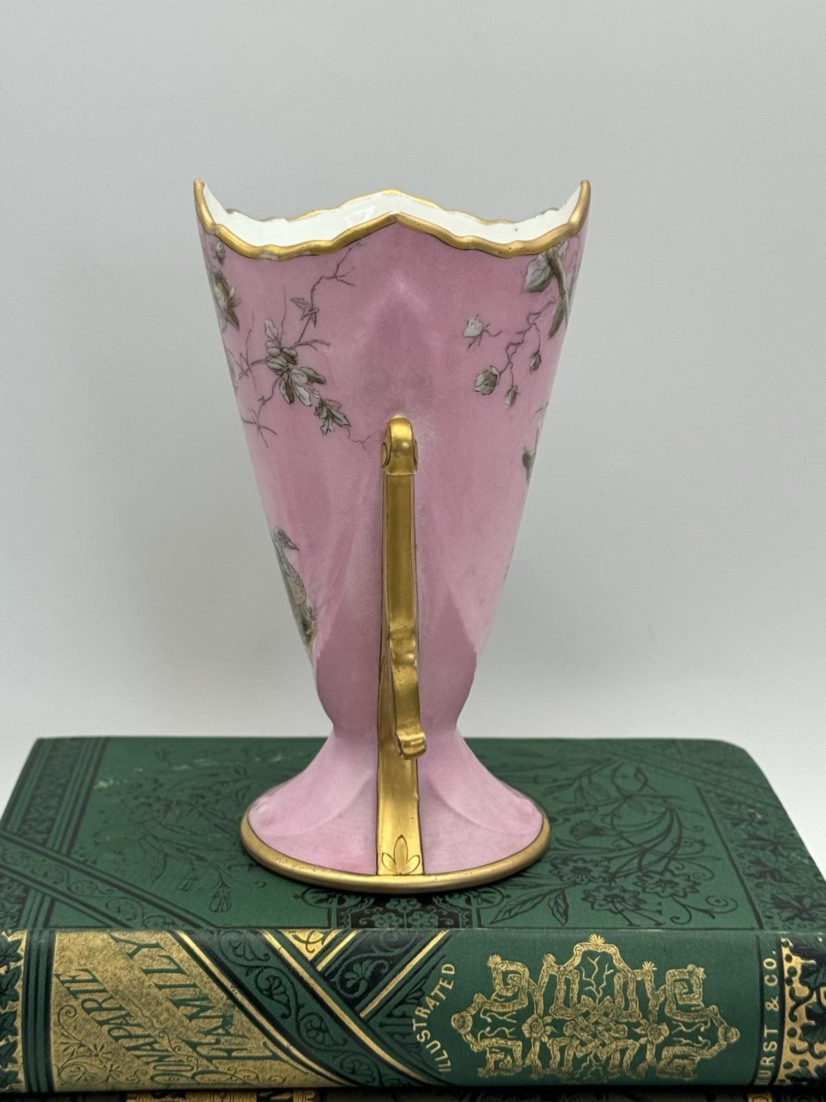Antique Porcelain Vase Pink Birds Gold Accents 6” x 4” x  3.5”