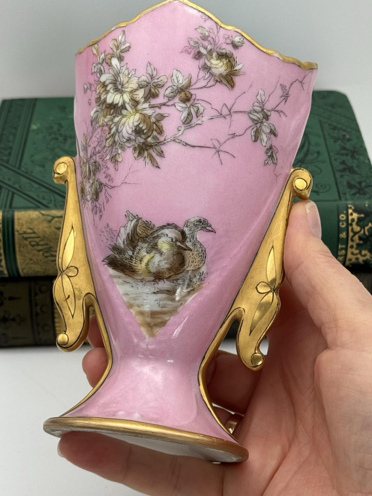 Antique Porcelain Vase Pink Birds Gold Accents 6” x 4” x  3.5”
