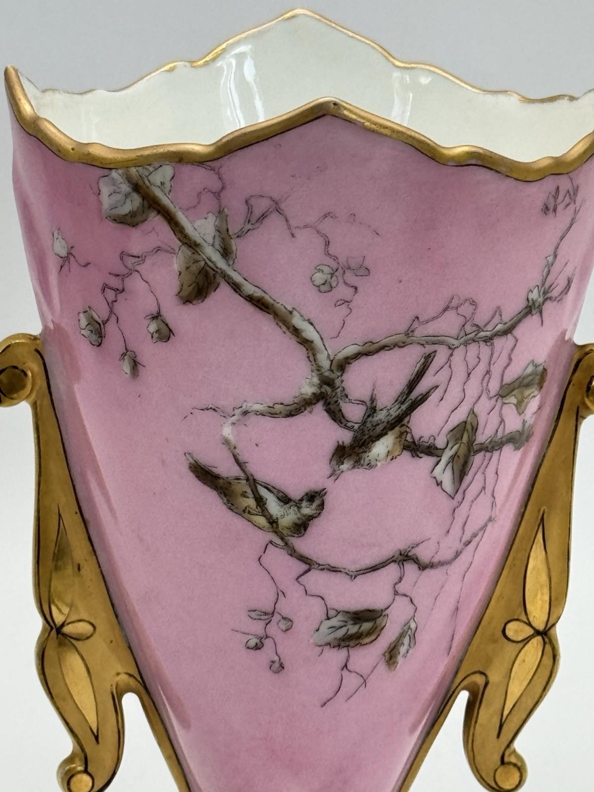Antique Porcelain Vase Pink Birds Gold Accents 6” x 4” x  3.5”
