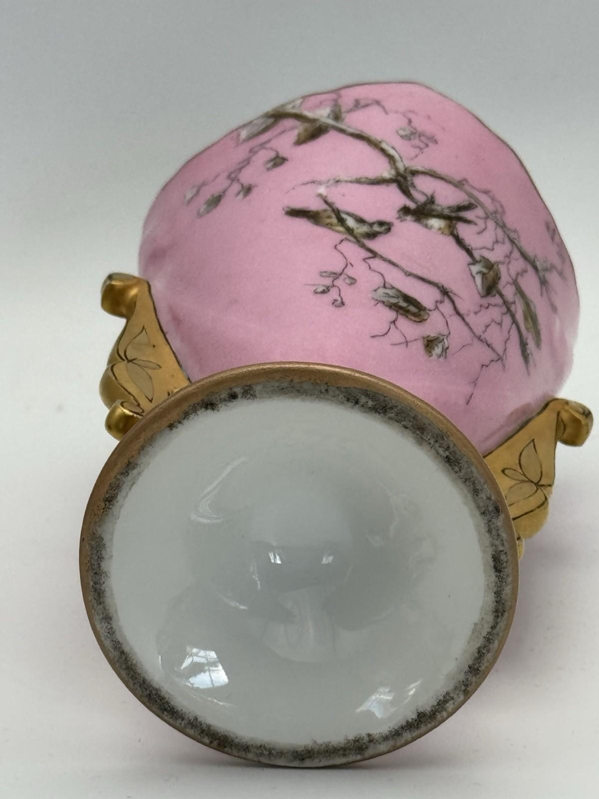Antique Porcelain Vase Pink Birds Gold Accents 6” x 4” x  3.5”