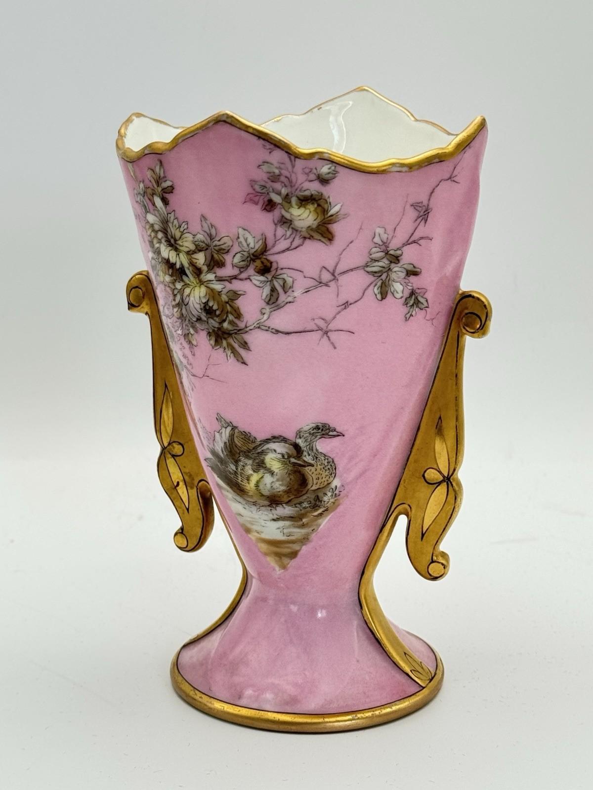 Antique Porcelain Vase Pink Birds Gold Accents 6” x 4” x  3.5”
