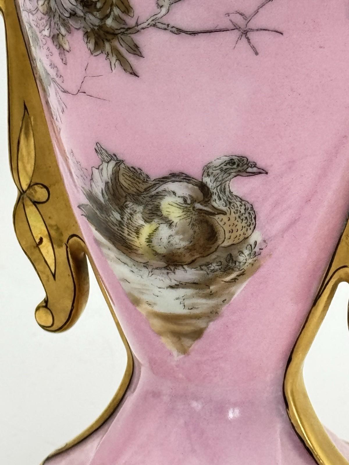 Antique Porcelain Vase Pink Birds Gold Accents 6” x 4” x  3.5”