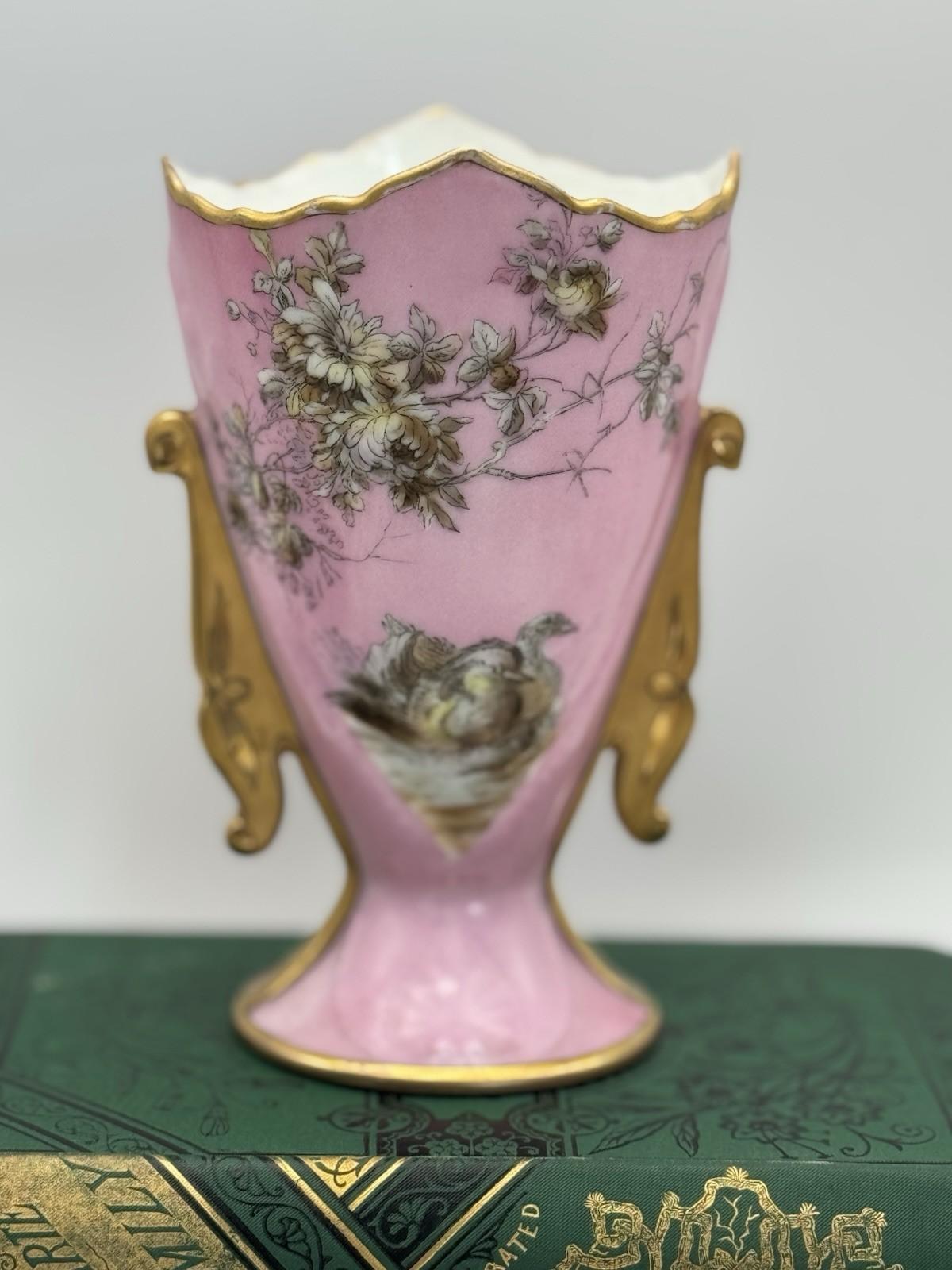 Antique Porcelain Vase Pink Birds Gold Accents 6” x 4” x  3.5”
