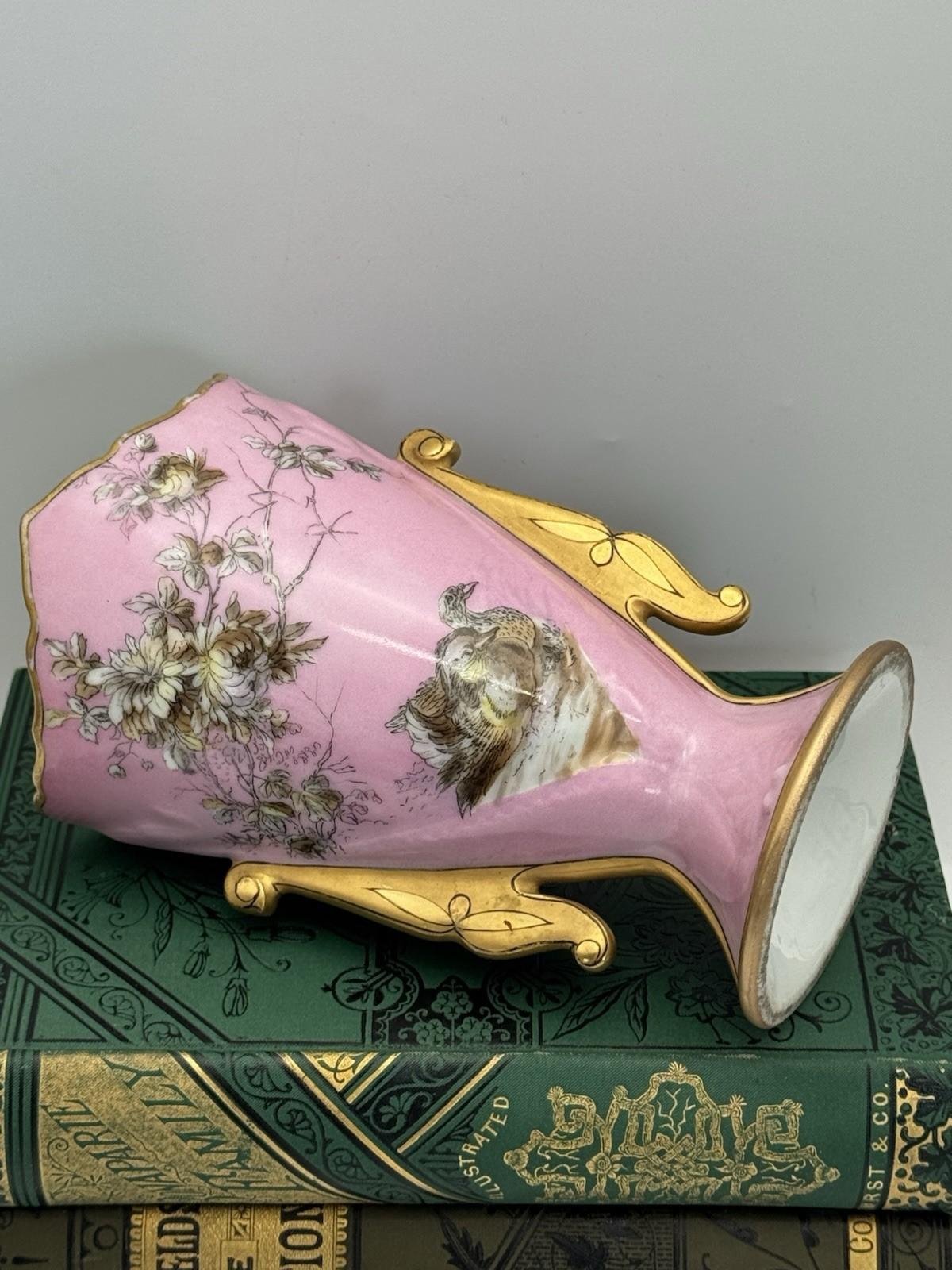 Antique Porcelain Vase Pink Birds Gold Accents 6” x 4” x  3.5”