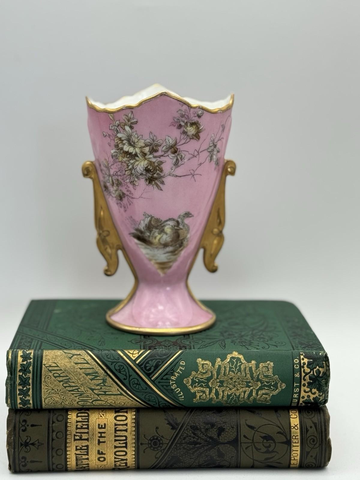 Antique Porcelain Vase Pink Birds Gold Accents 6” x 4” x  3.5”