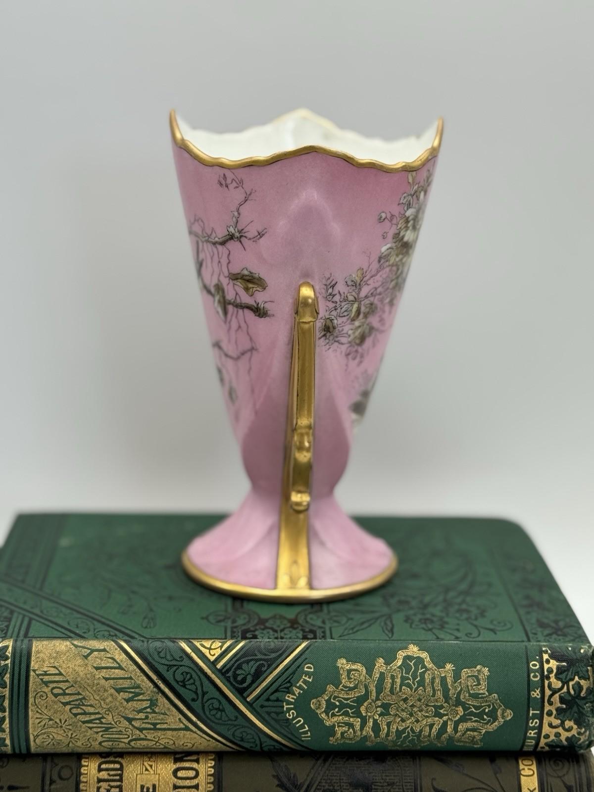 Antique Porcelain Vase Pink Birds Gold Accents 6” x 4” x  3.5”
