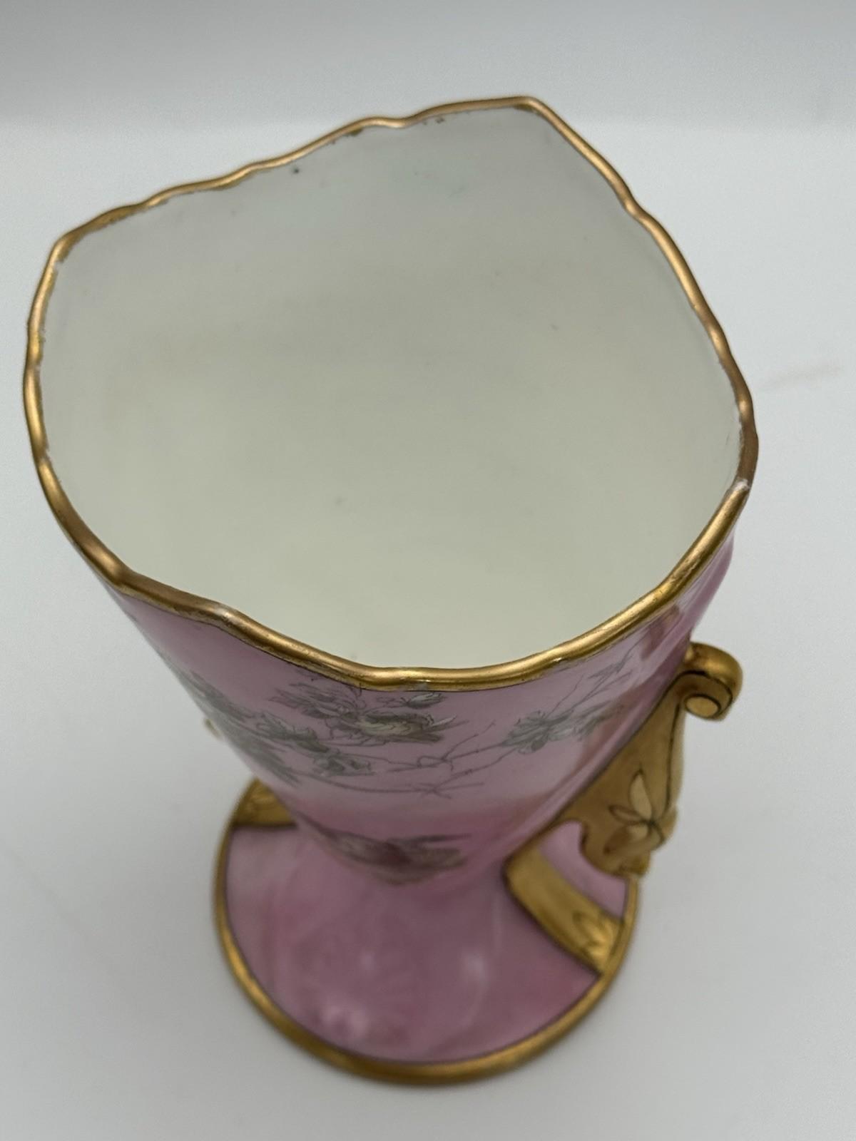 Antique Porcelain Vase Pink Birds Gold Accents 6” x 4” x  3.5”