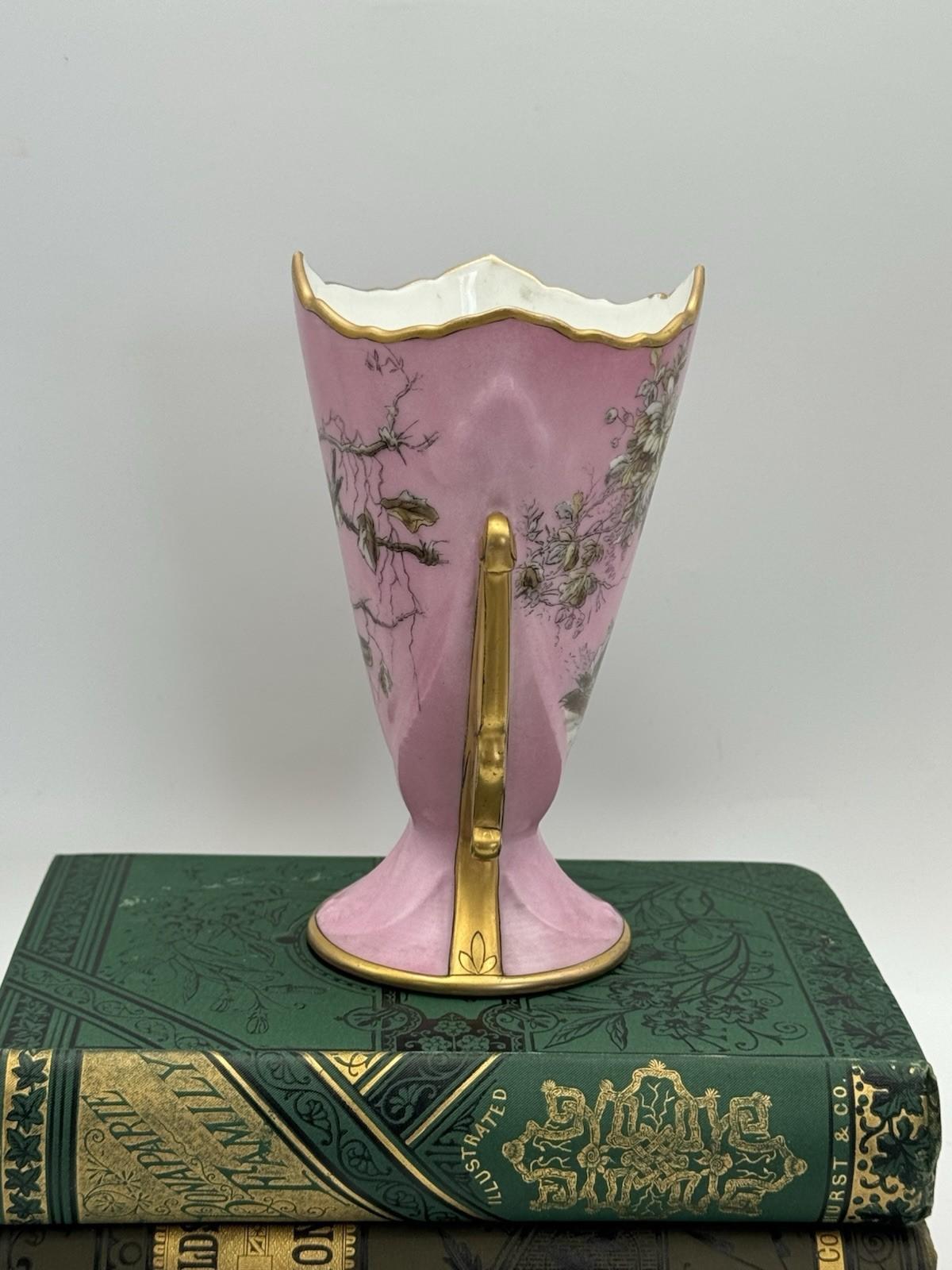 Antique Porcelain Vase Pink Birds Gold Accents 6” x 4” x  3.5”