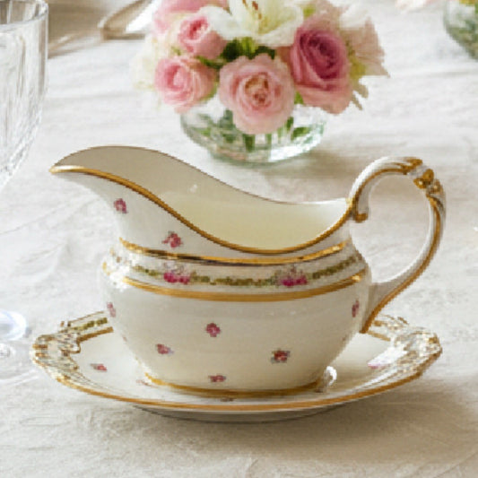 Antique Gravy Boat & Underplate Cauldon England Pink Roses Gilt c1900 RARE