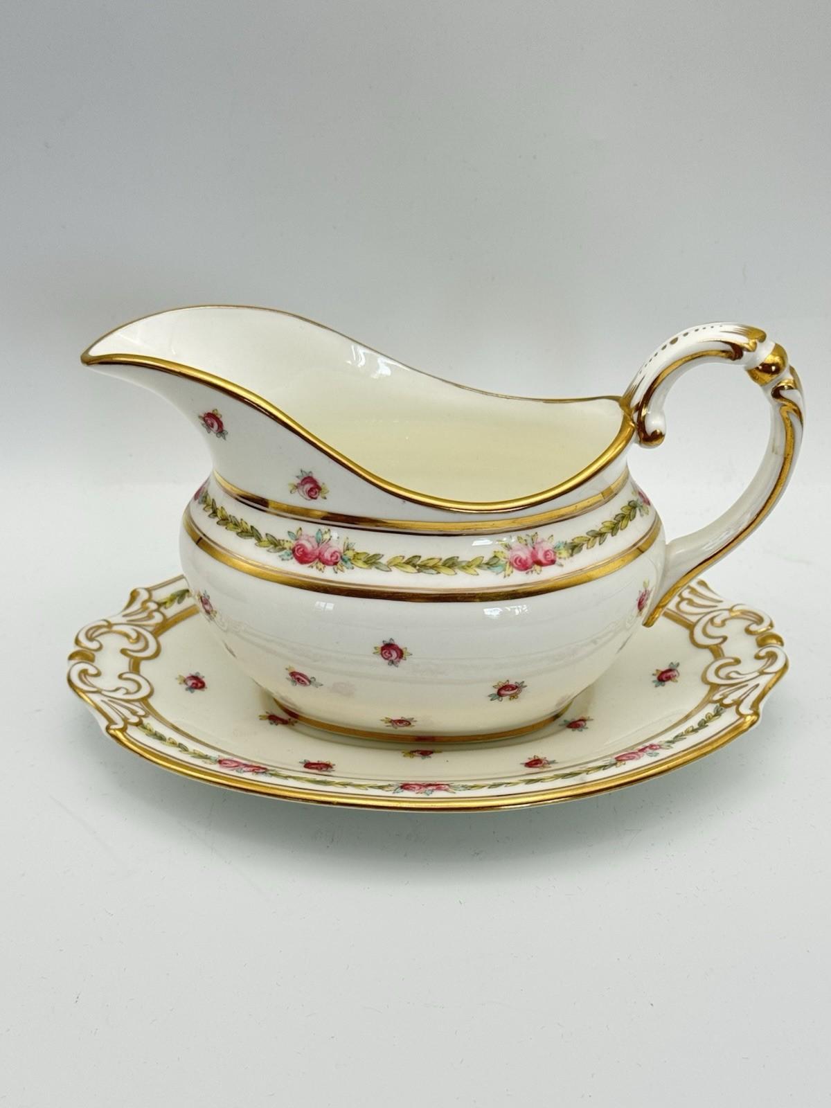 Antique Gravy Boat & Underplate Cauldon England Pink Roses Gilt c1900 RARE