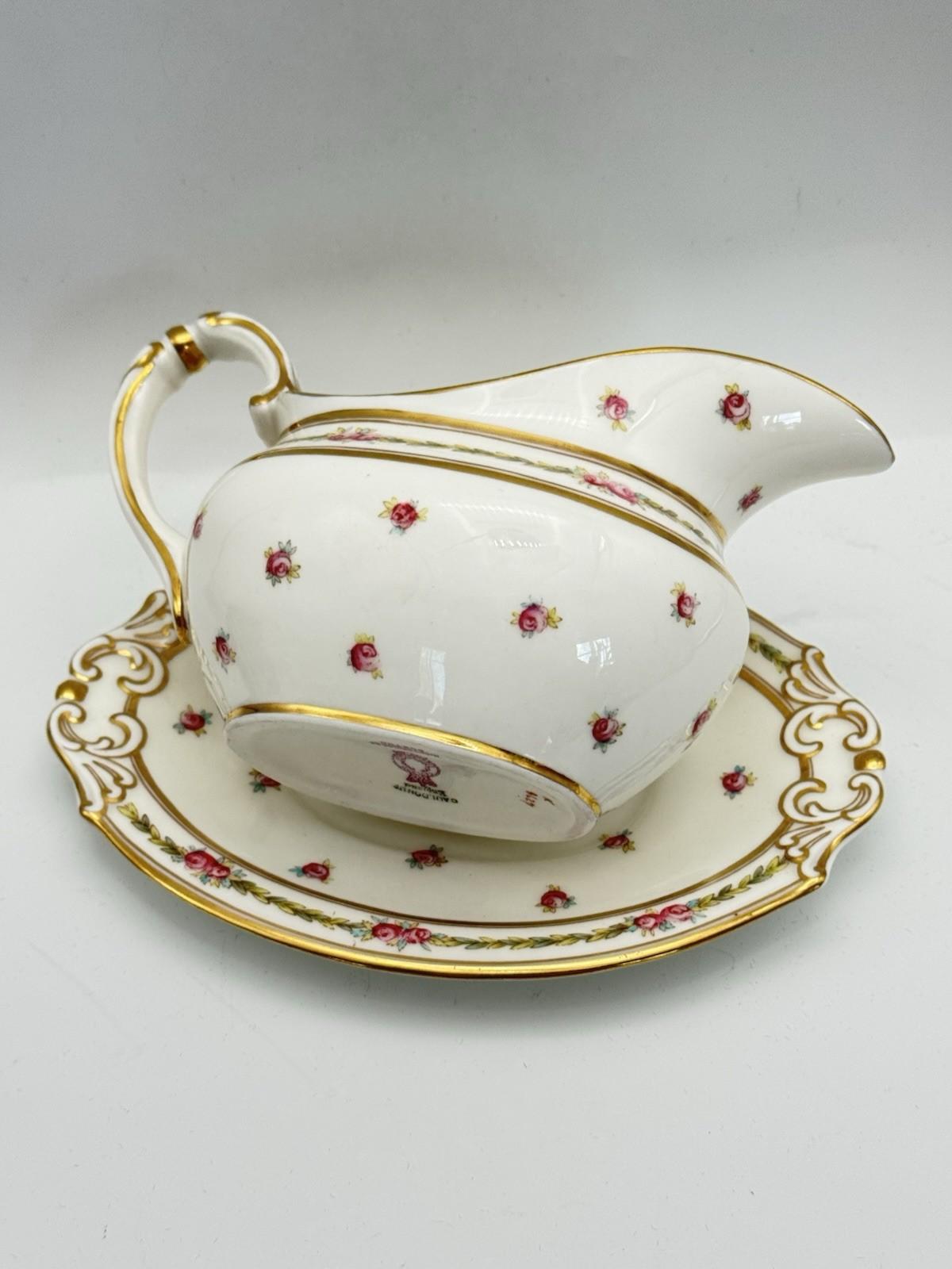 Antique Gravy Boat & Underplate Cauldon England Pink Roses Gilt c1900 RARE