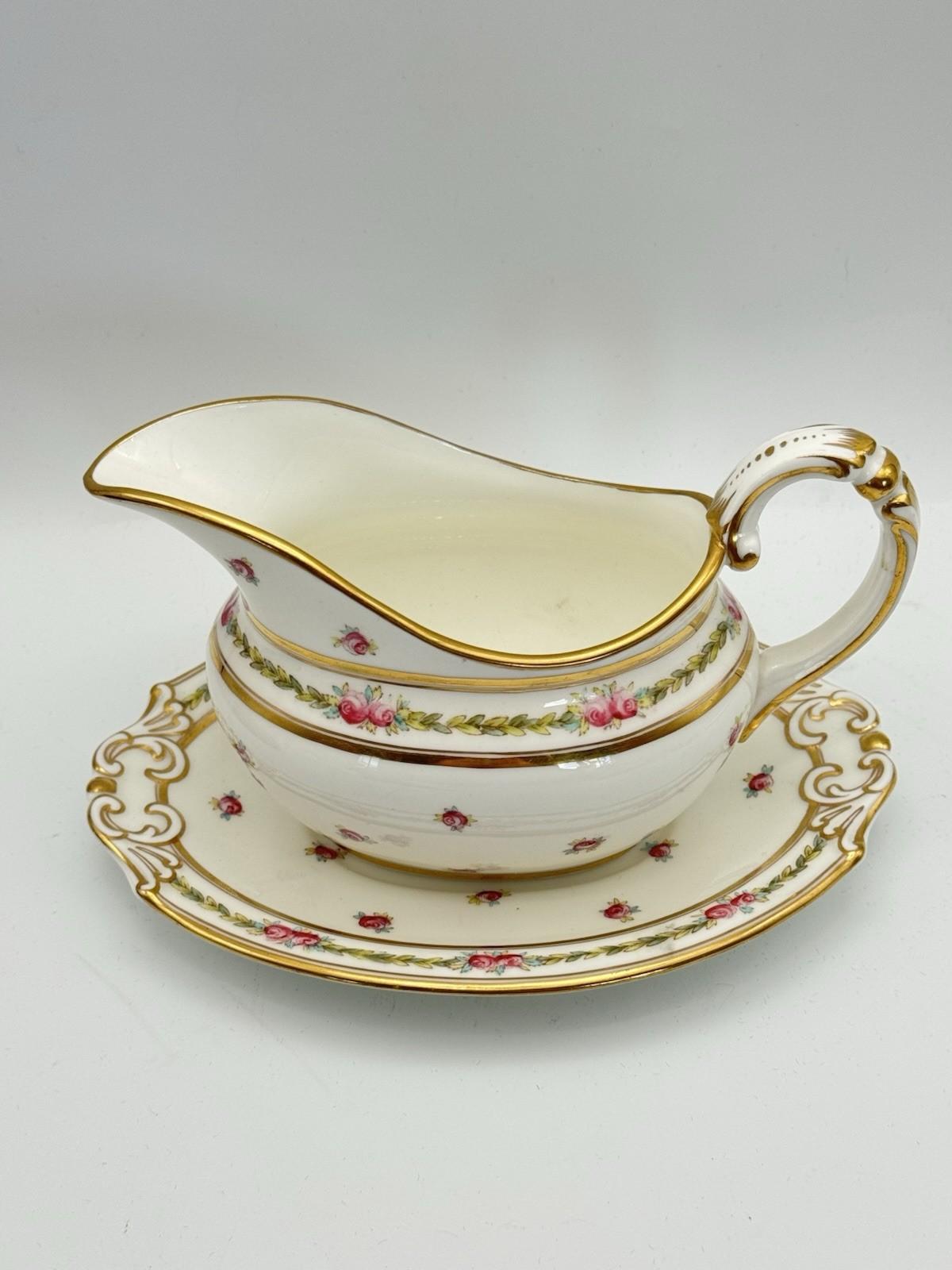 Antique Gravy Boat & Underplate Cauldon England Pink Roses Gilt c1900 RARE
