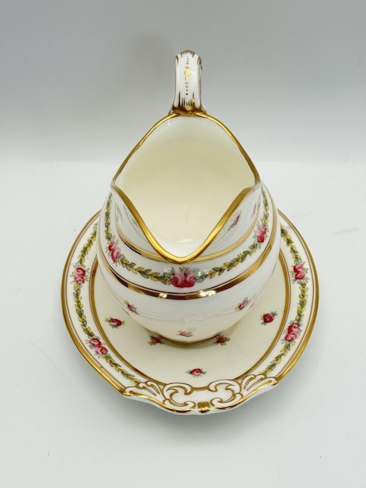 Antique Gravy Boat & Underplate Cauldon England Pink Roses Gilt c1900 RARE