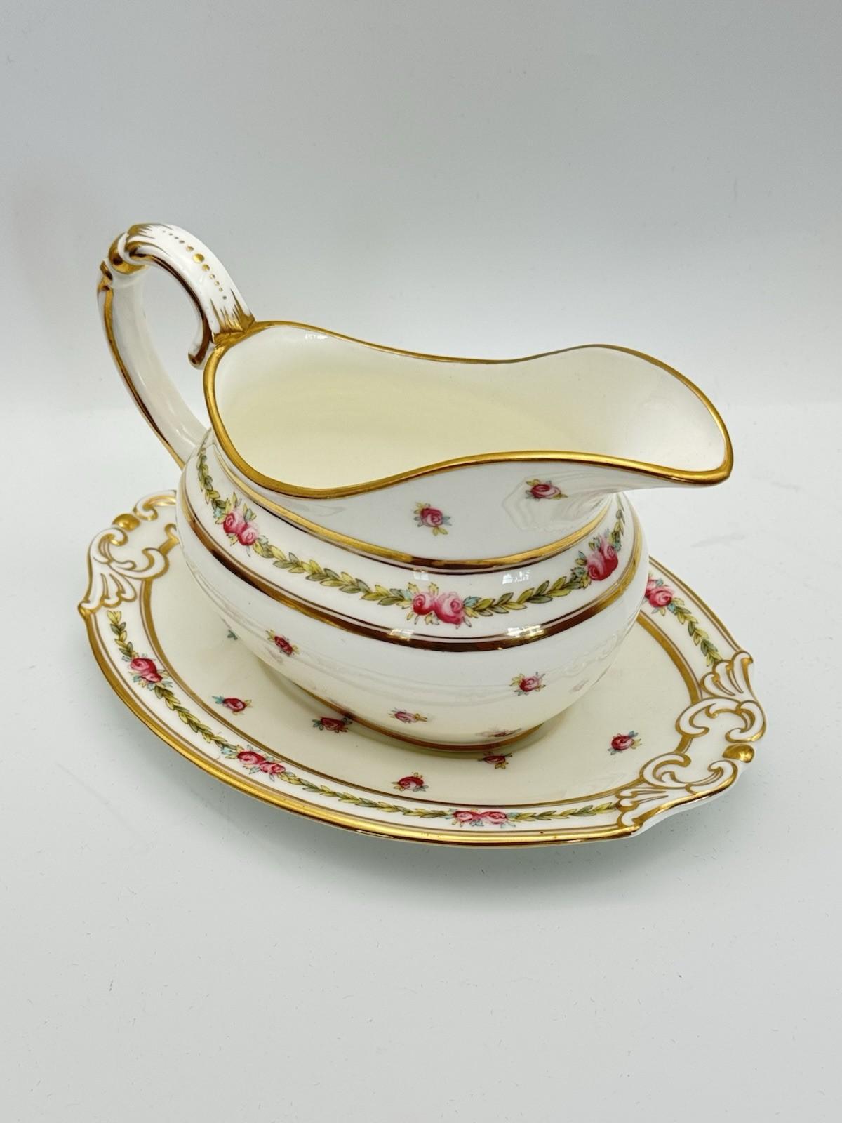 Antique Gravy Boat & Underplate Cauldon England Pink Roses Gilt c1900 RARE