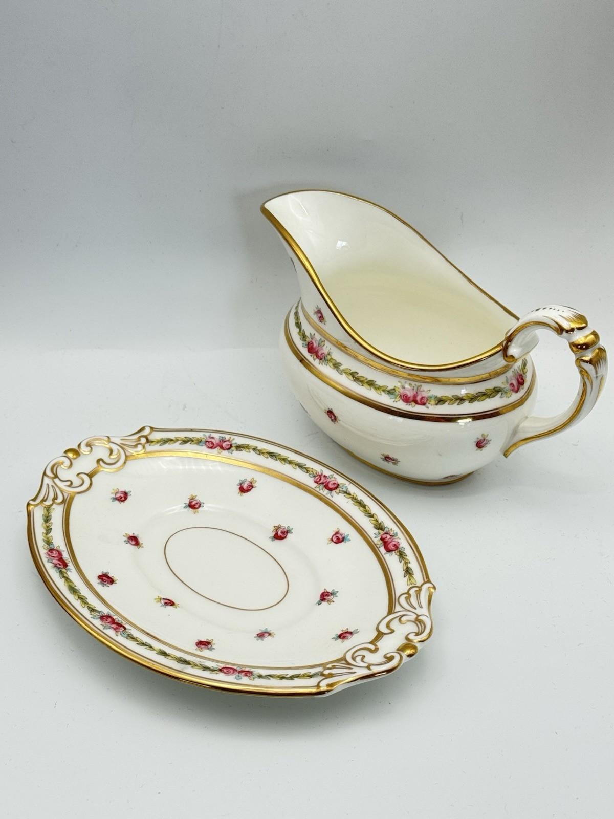 Antique Gravy Boat & Underplate Cauldon England Pink Roses Gilt c1900 RARE