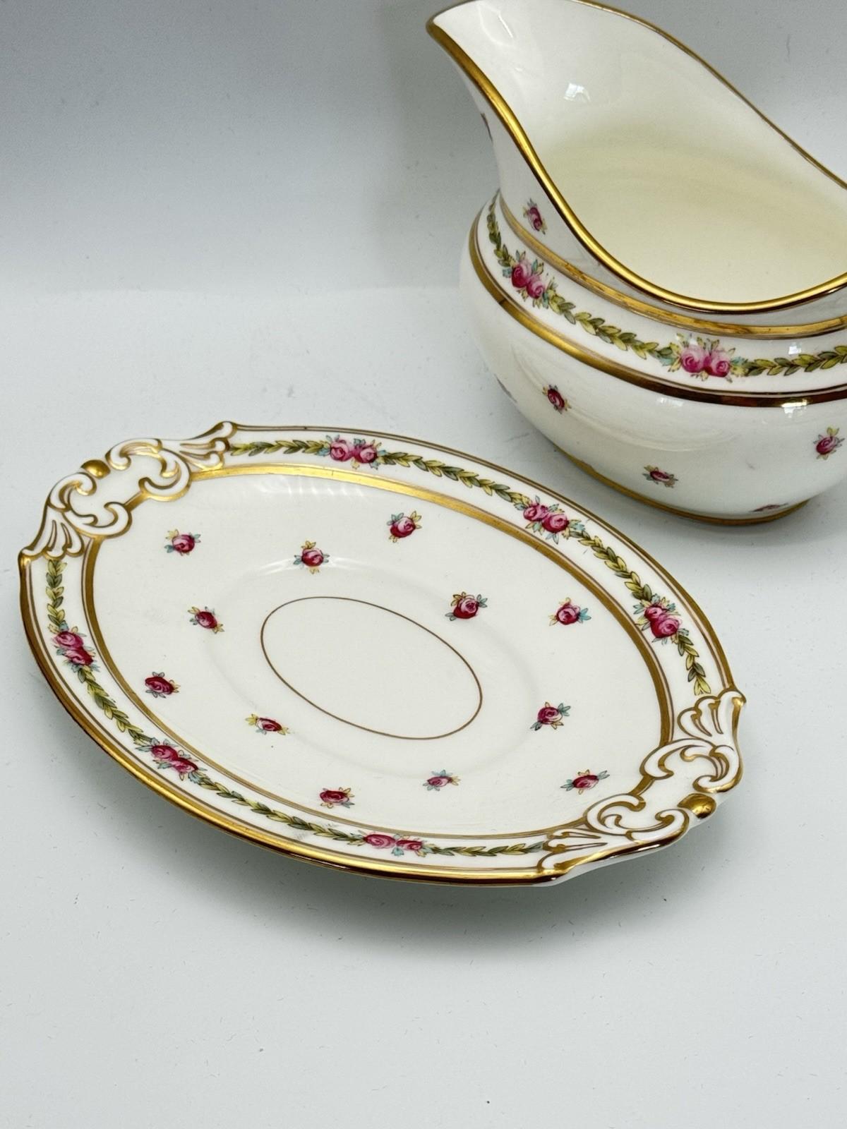 Antique Gravy Boat & Underplate Cauldon England Pink Roses Gilt c1900 RARE