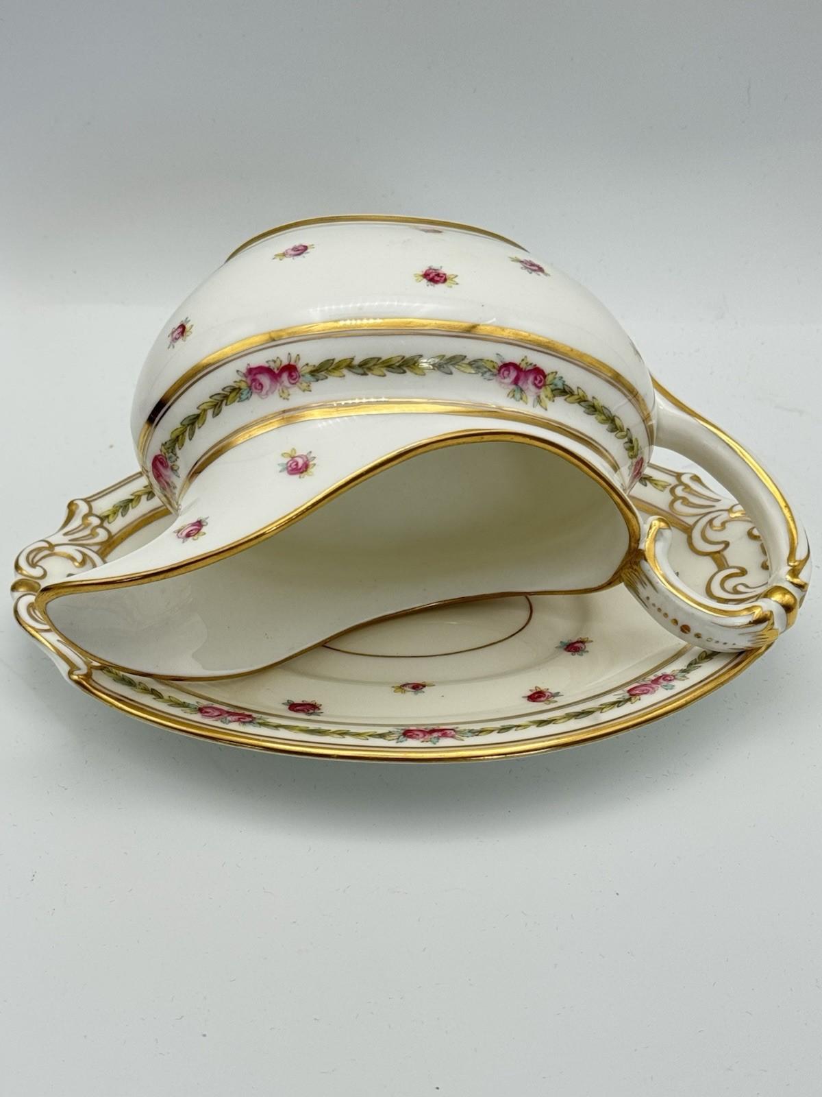 Antique Gravy Boat & Underplate Cauldon England Pink Roses Gilt c1900 RARE