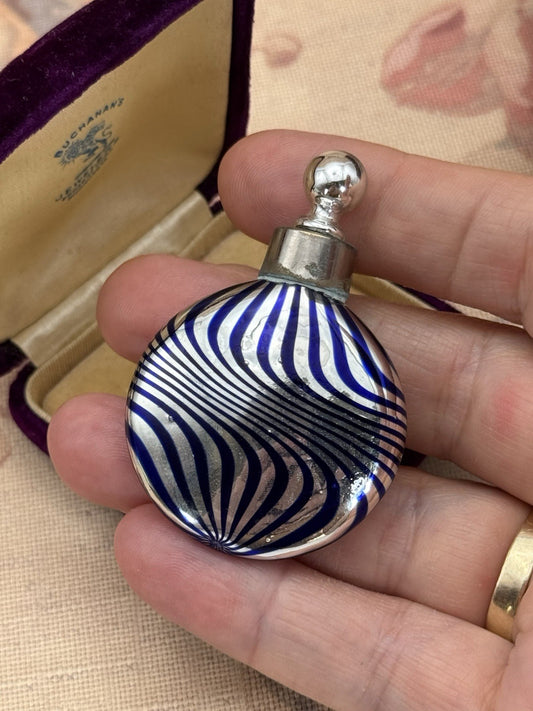 Vintage Cobalt Blue & Silver Swirl Perfume Bottle with Stopper 2.25”