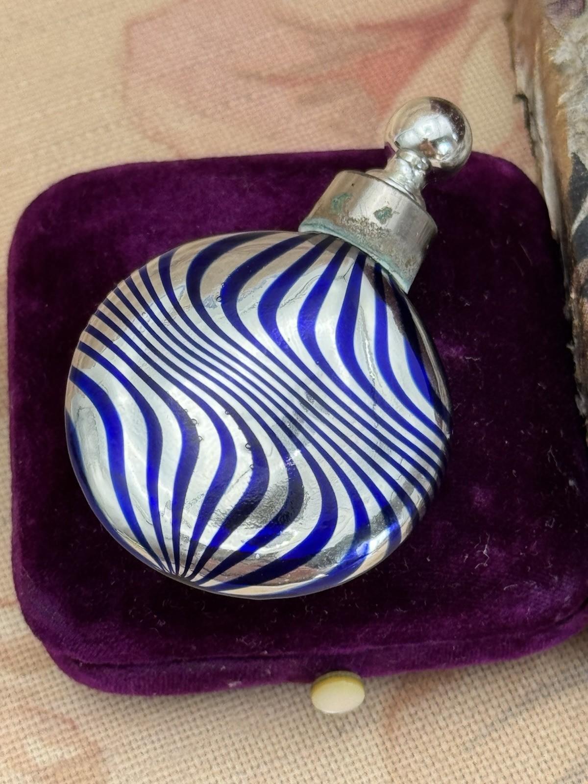 Vintage Cobalt Blue & Silver Swirl Perfume Bottle with Stopper 2.25”
