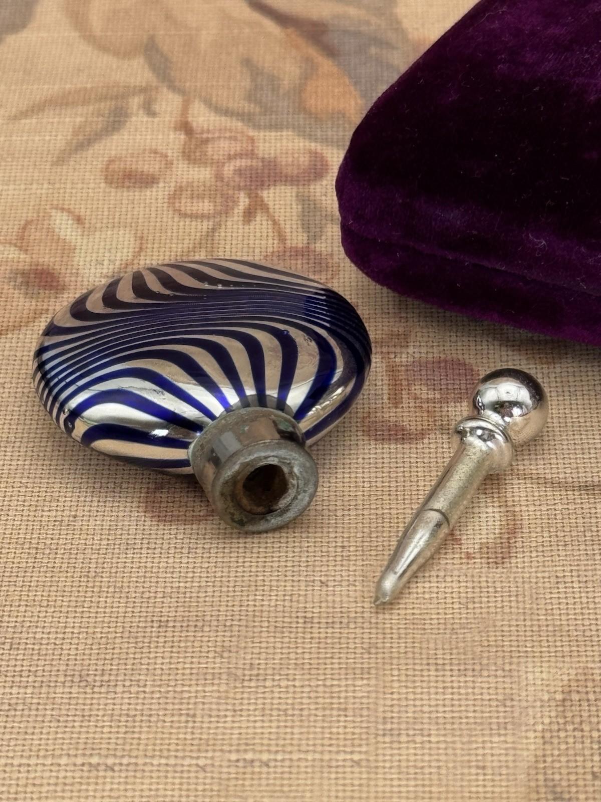 Vintage Cobalt Blue & Silver Swirl Perfume Bottle with Stopper 2.25”